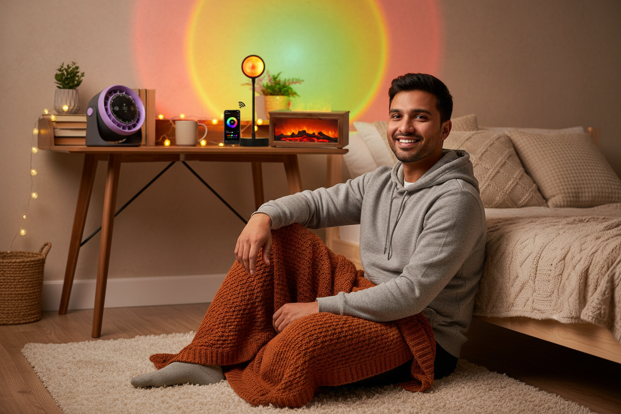 Smiling man in cozy warm-lit bedroom with Cozella products
