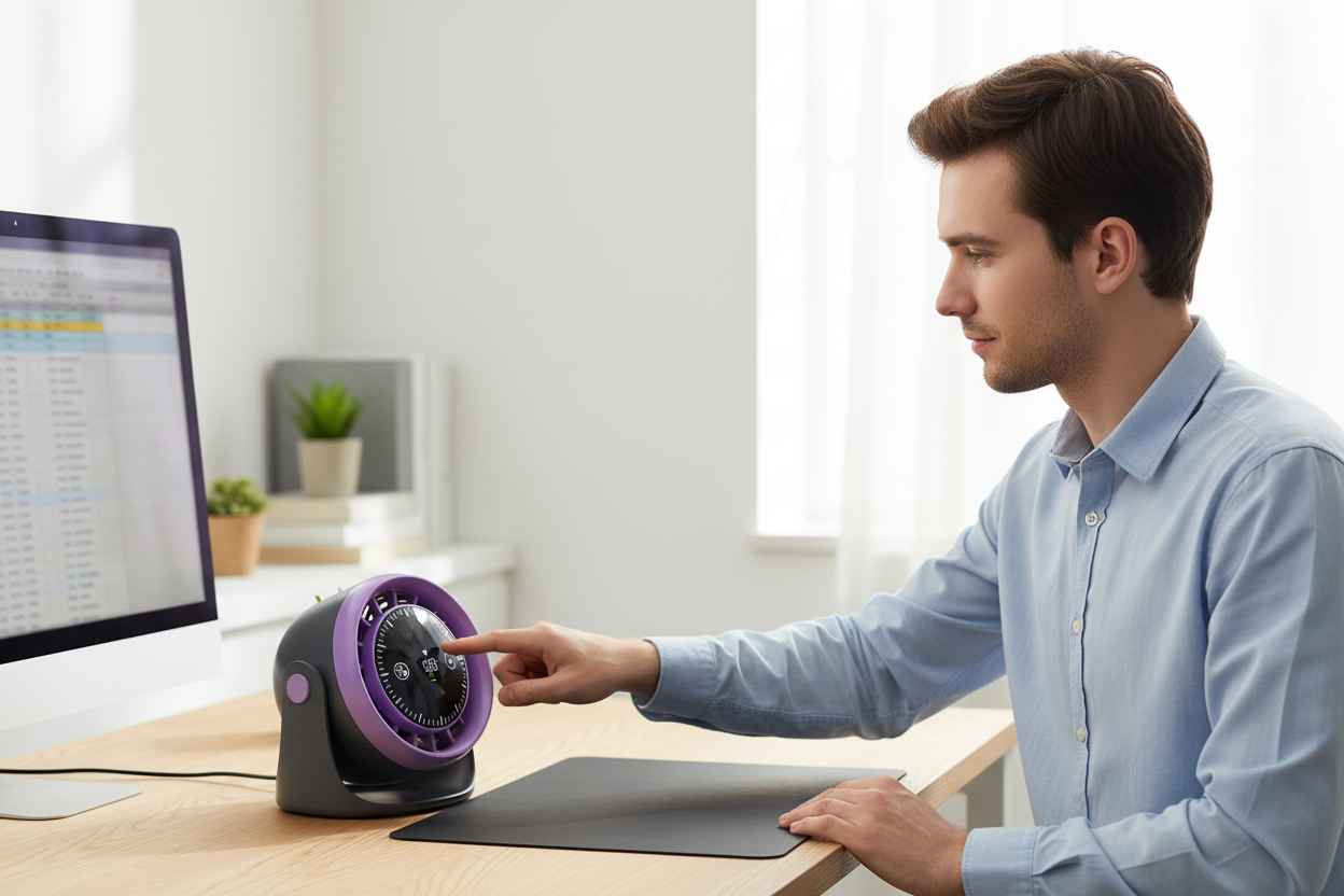 Young man turning on BreezeTouch Mini Desk Fan
